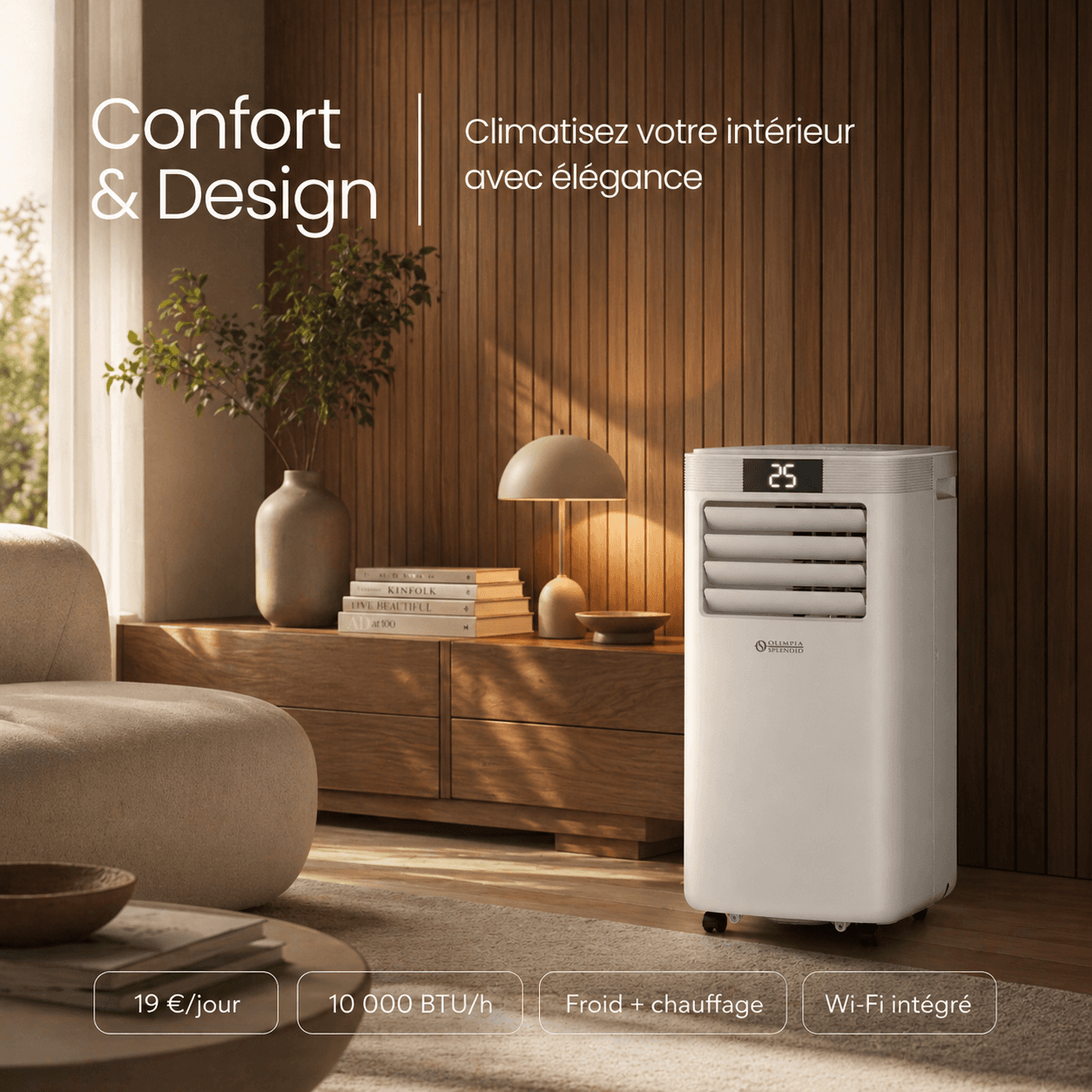 Climatiseur mobile Aovi-Clim installé près d'une fenêtre